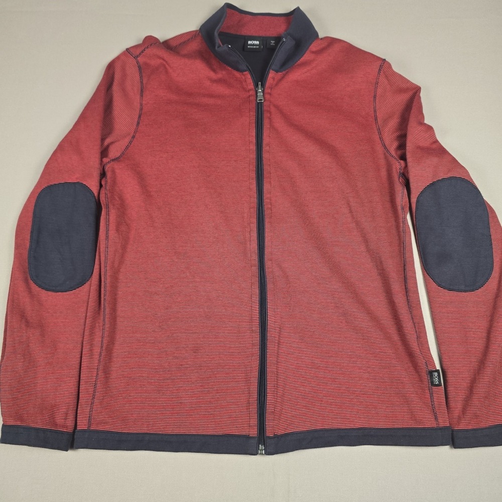 BOSS HUGO BOSS Fossa 08 Men L Full Zip Track Jacket Red Navy Micro Stripe Knit